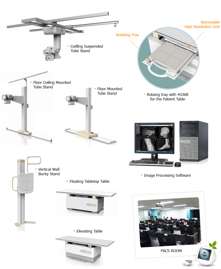 Ceilling Suspended Tube Stand, Floor Ceiling Mounted Tube Stand, Floor Mounted Tube Stand, Vertical Wall Bucky Stand, Floating Tabletop Table, Elevating Table, Rotaing tray with 4336R for the Patient Table(Rotating Tray, Removable High Resolution Grid), Image Processing Software, PACS ROOM